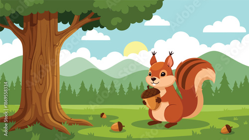 Flat vector illustration of a squirrel collecting acorns near a tree, wildlife foraging behavior in forest habitat, educational animal activity for nature and ecology themes