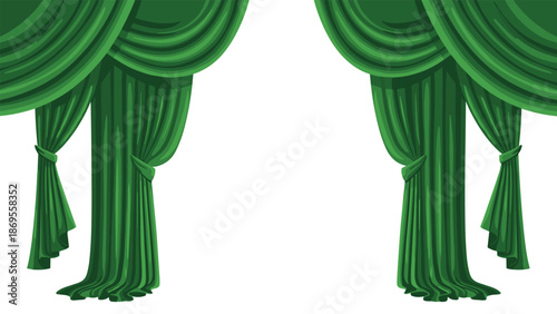 Two sets of vibrant green stage curtains hang dramatically parted, creating a sense of anticipation for a performance or event.