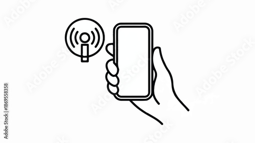 A minimalist black and white line art illustration of a mobile payment concept (3)_traced