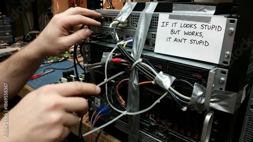 Technician pointing at messy wiring and funny handwritten sign on server rack. Humorous engineering concept about pragmatic quick fixes
