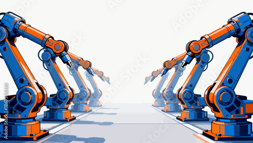 Rows of robotic arms in a factory