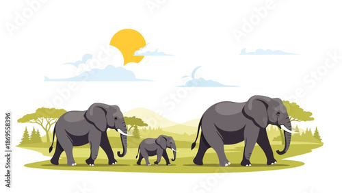 Flat vector illustration of elephants walking together across savanna land, wildlife migration and social behavior showing conservation and environmental education themes
