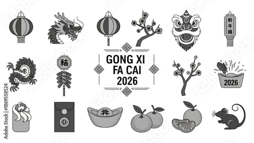 Chinese New Year 2026 Celebration Icons - Dragon, Lanterns, Oranges, and More