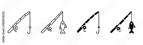 Fishing rod with fish caught icon. Fisher equipment illustration. Outline and solid fishery outdoor hobby sign.