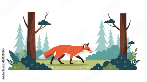 Flat vector illustration of a fox moving quietly through a forest, wildlife hunting behavior and natural instinct presented in a clean educational nature illustration