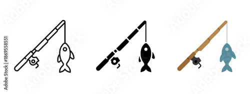 Fishing rod icon. Fishing rod with fish symbol for angling, catch, and outdoor hobby concepts. Fishing equipment illustration used for sport fishing, fisherman, and nature related projects.