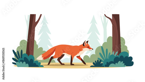 Flat vector illustration of a fox moving quietly through a forest, wildlife hunting behavior and natural instinct presented in a clean educational nature illustration