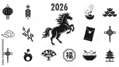 Chinese New Year 2026 Year of the Horse vector icon set. Traditional Asian cultural symbols, festive elements like lanterns, ingots, and red envelopes for celebration designs