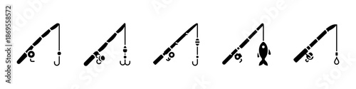 Fishing rod solid icon set. Black fishing rod symbol collection. Angler and angling fisherman equipment glyph.