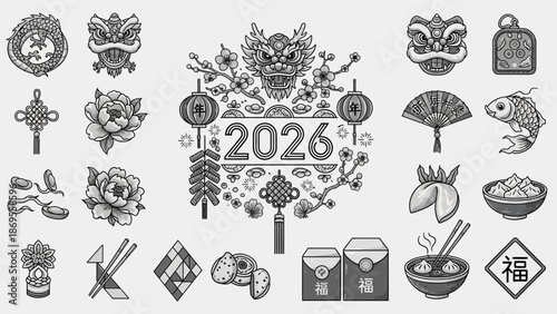Chinese New Year 2026 Celebration Elements Collection Vector Illustration