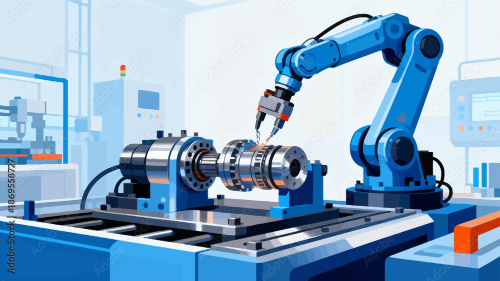 Fototapeta premium Blue robotic arm assembling mechanical part