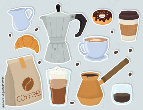 Set of cozy stickers with coffee elements. Cezve pot, espresso, moka pot, cup, latte glass, coffee beans, croissant, donut, paper bag and takeaway cup.