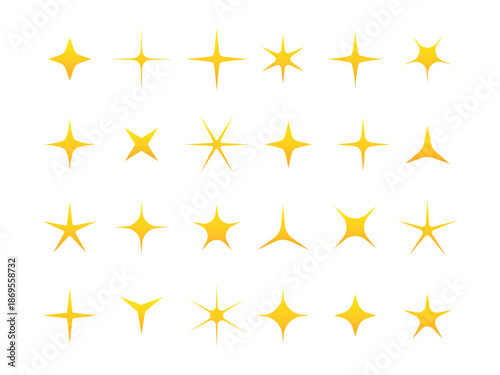 Golden sparkle star icon set. Shiny glow shapes, modern light burst symbols. AI branding, web design, holiday graphics, luxury logos, stickers, social media and celebration effects. Prompt artificial 
