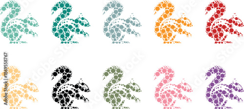 Squirrel silhouettes in diverse color schemes, Colorful squirrel mosaic animal set