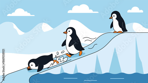 Flat vector illustration of penguins walking and sliding on ice, polar wildlife activity showing adaptation and social behavior for educational and conservation use