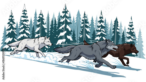 Flat vector illustration of wolves running together in a snowy forest, wildlife teamwork and pack behavior shown in a natural winter habitat for education themes