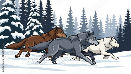 Flat vector illustration of wolves running together in a snowy forest, wildlife teamwork and pack behavior shown in a natural winter habitat for education themes