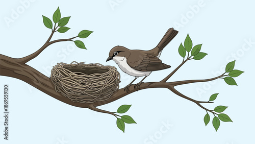 Flat vector illustration of birds building a nest on a tree branch, wildlife family behavior and reproduction concept designed for education and environmental awareness