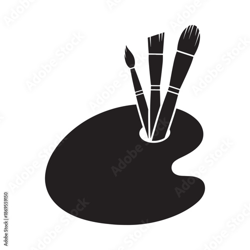A black and white illustration of paintbrushes and a palette
