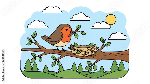 Flat vector illustration of birds building a nest on a tree branch, wildlife family behavior and reproduction concept designed for education and environmental awareness