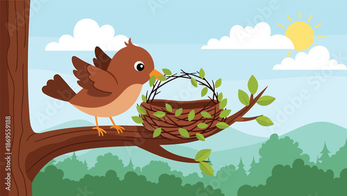 Flat vector illustration of birds building a nest on a tree branch, wildlife family behavior and reproduction concept designed for education and environmental awareness