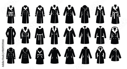 Collection of black silhouette outerwear coats trench coats and jackets