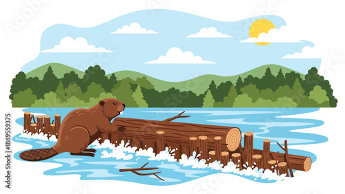 Flat vector illustration of a beaver building a dam in a river, wildlife construction behavior and ecosystem impact shown for educational nature concepts