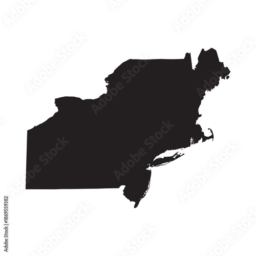 A black silhouette depicting the outline of the northeastern united states region