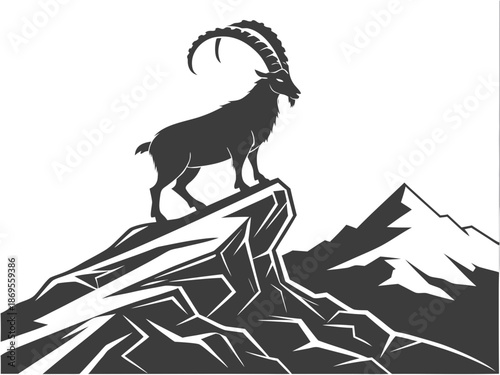 Ibex silhouette stands proudly atop a rocky mountain peak landscape