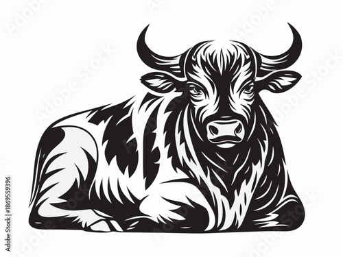 A striking black and white illustration of a resting bull with curved horns