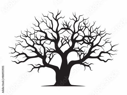 A stark silhouette of a bare tree against a plain white background