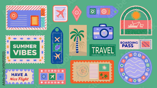 Colorful travel themed stickers and icons for summer vacations and journeys