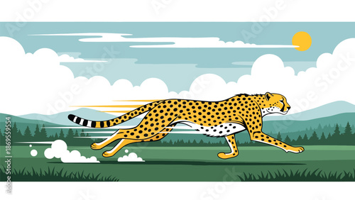 Flat vector illustration of a cheetah running across open land, wildlife speed and hunting behavior shown in a clean educational nature illustration