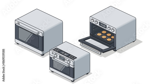 Isometric Illustration Set Featuring Modern Air Fryers and Convection Ovens for Home Cooking and Baking