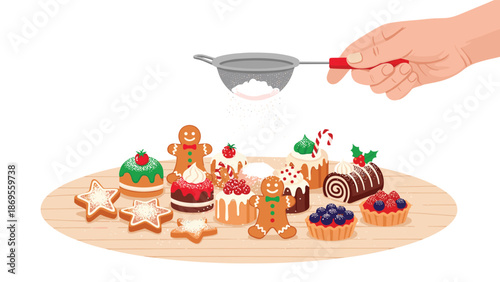 A hand sifts powdered sugar over an assortment of festive Christmas pastries, including gingerbread men, star cookies, and cupcakes.