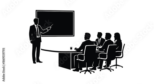 A business meeting in progress with a presenter depicted in silhouette