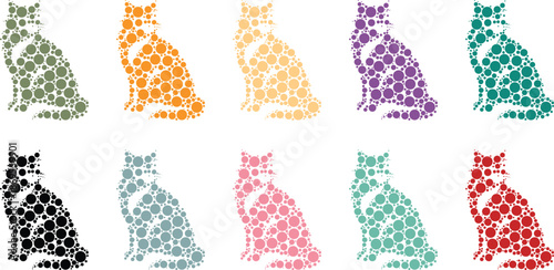 Sitting cat silhouettes made of colorful circles, Cat mosaic sitting silhouette set