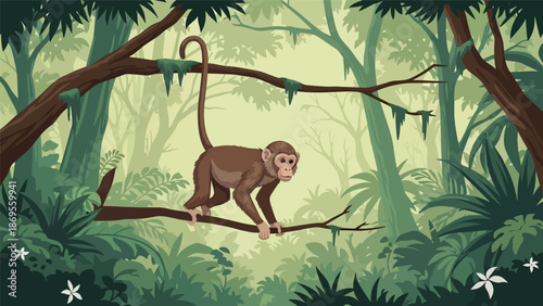 Flat vector illustration of monkeys swinging between branches, jungle wildlife movement and playful behavior presented in an educational nature scene