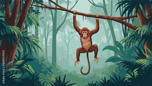 Flat vector illustration of monkeys swinging between branches, jungle wildlife movement and playful behavior presented in an educational nature scene
