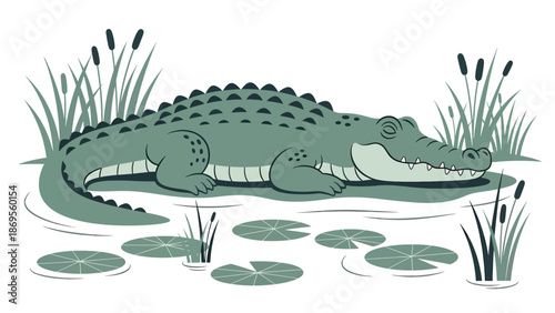 Flat vector illustration of a crocodile resting near a riverbank, wetland wildlife behavior and natural habitat shown for conservation education