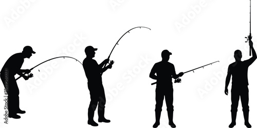 Fishing men silhouette set with rods showing casting reeling and landing catch outdoor sport angling sequence isolated