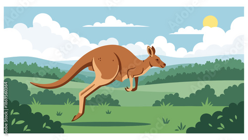 Flat vector illustration of a kangaroo hopping across open land, wildlife locomotion and survival behavior in natural habitat for education themes
