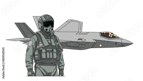 A pilot in a stealth fighter jet suit stands next to a modern jet aircraft.