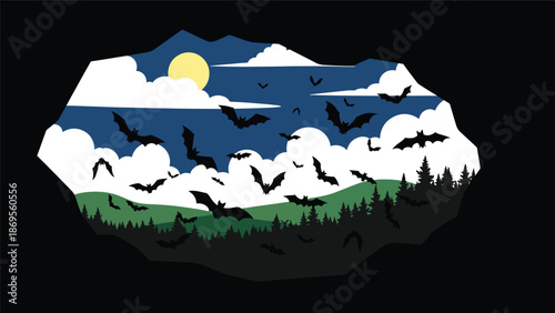 Flat vector illustration of bats flying out of a cave at dusk, nocturnal wildlife activity and ecosystem balance concept for education themes