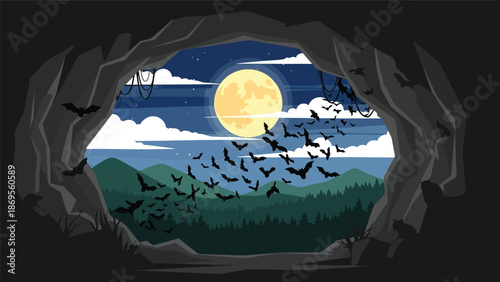 Flat vector illustration of bats flying out of a cave at dusk, nocturnal wildlife activity and ecosystem balance concept for education themes