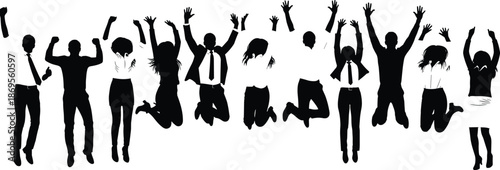 Corporate business team silhouettes jumping together in formal attire symbolizing success, celebration, teamwork, diversity, collaboration, unity, and achievement