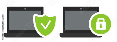 Privacy and Security icon. Laptop with a shield and lock icon. Vector icon set