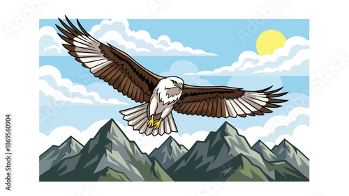 Flat vector illustration of a hawk soaring above mountains, wildlife flight behavior and aerial perspective shown for education and nature concepts