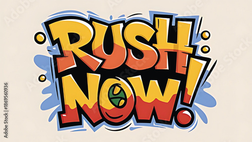 "digital pop art logo, vibrant colors, bold typography, 3d lettering, comic book style, dynamic composition, graphic design, cartoonish, bright, playful, rush now"
