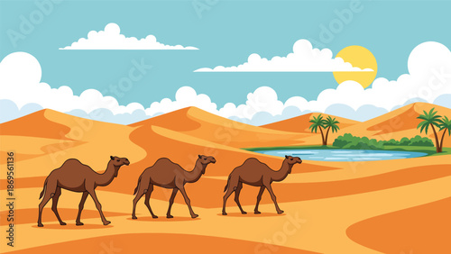 Flat vector illustration of a camel walking across desert dunes, wildlife survival behavior in extreme habitat shown for educational nature use